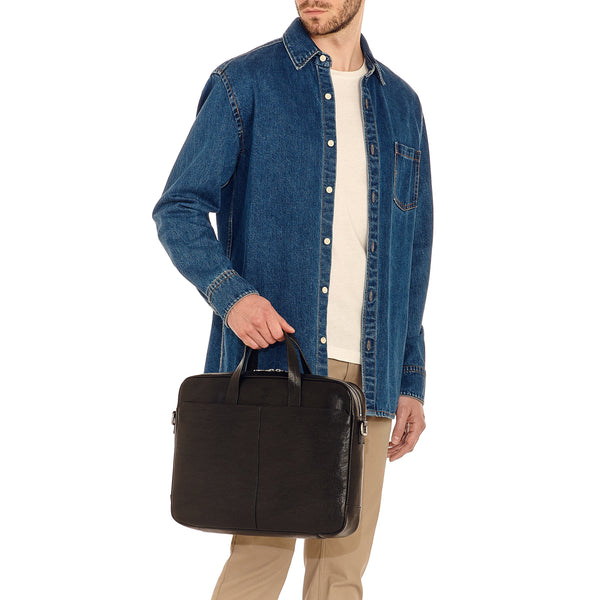 Galileo | Men's briefcase in vintage leather color black
