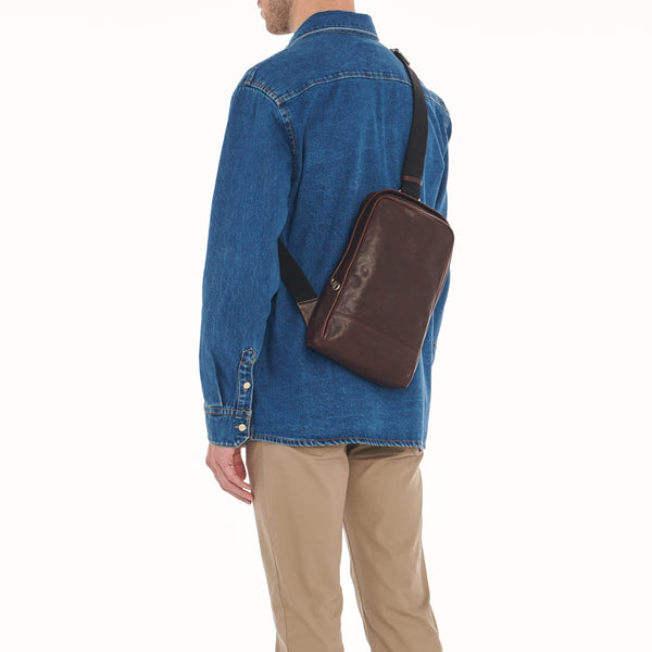 Cestello | Men's one strap backpack in vintage leather color coffee