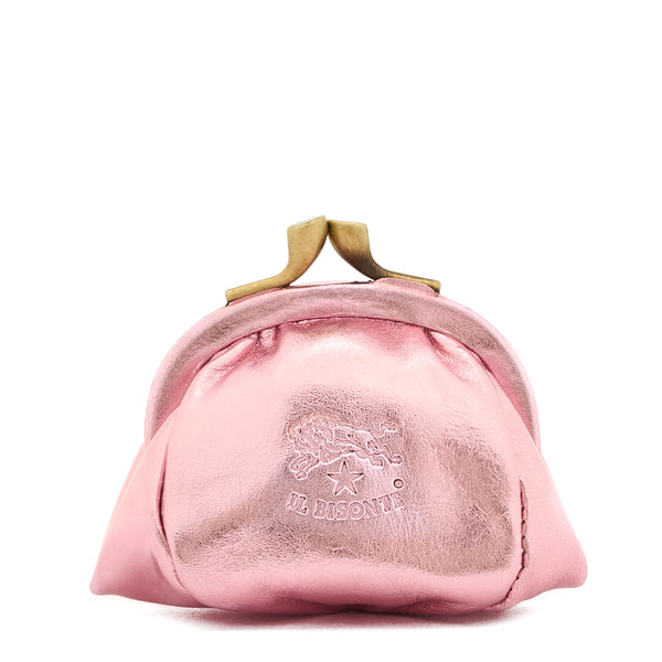 Porte monnaie pour femme en cuir métallisé couleur rose