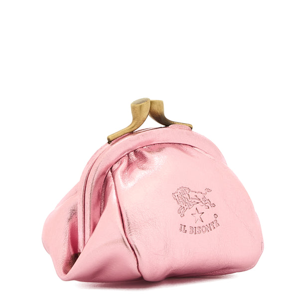 Porte monnaie pour femme en cuir métallisé couleur rose