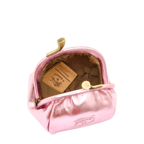 Porte monnaie pour femme en cuir métallisé couleur rose