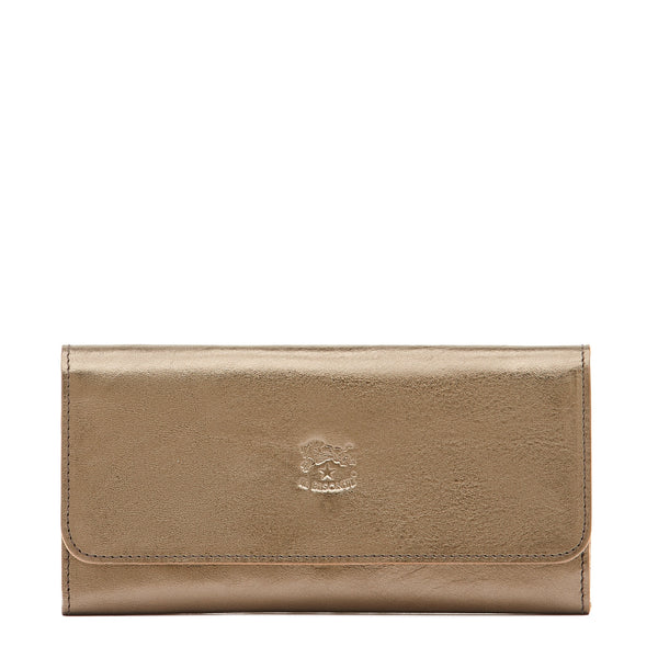 Portefeuille continental pour femme en cuir métallisé couleur métallique bronze